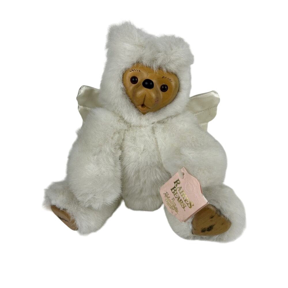 Robert Raikes Cupid Angel Wings White 11" Bear Cub w Wooden Face & Feet Jointed